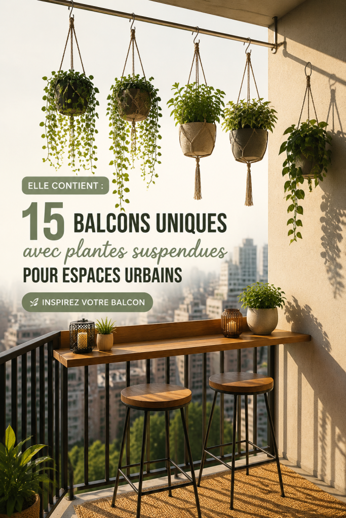 Balcon urbain décoré de plantes suspendues et fleurs colorées