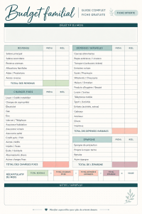 Visuel d'une femme examinant un budget familial avec des notes et un ordinateur.