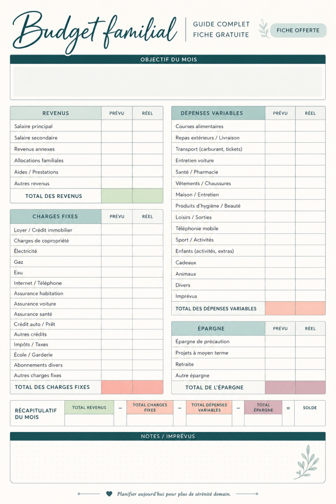 Visuel d'une femme examinant un budget familial avec des notes et un ordinateur.