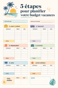Femme planifiant son budget vacances autour d'une table avec des documents et un ordinateur
