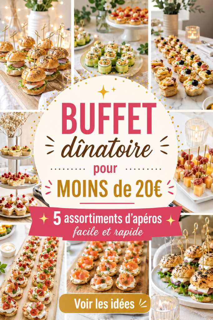 Buffet dînatoire avec différents assortiments d'apéritifs préparés à moins de 20€