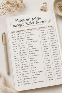 Mise en page colorée d'un Bullet Journal montrant le suivi de budget.