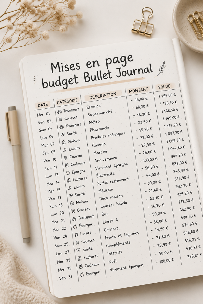 Mise en page colorée d'un Bullet Journal montrant le suivi de budget.