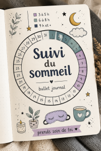 Close-up of a bullet journal open with sleep tracking pages and a cozy setting.