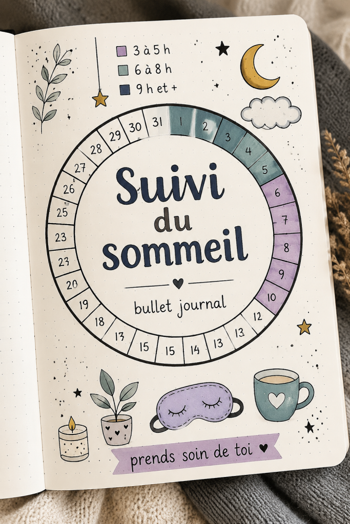 Close-up of a bullet journal open with sleep tracking pages and a cozy setting.