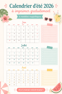 Calendrier d'été 2026 gratuit à imprimer avec designs variés.