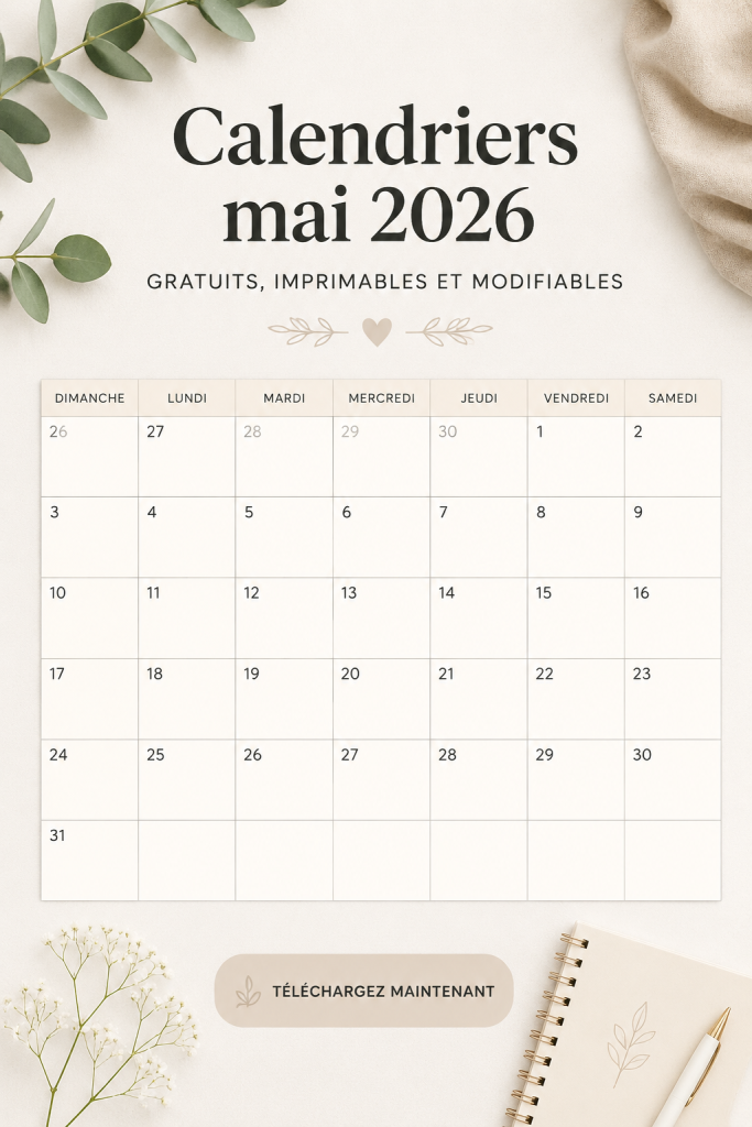 Calendrier de mai 2026 imprimable gratuit sur un bureau en bois