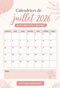 Un calendrier de juillet 2026 à imprimer avec des designs colorés.