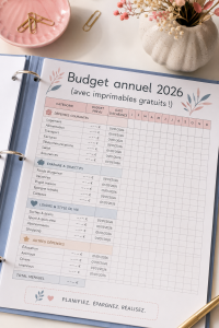 Un carnet de budget ouvert avec des notes et des outils de gestion financière pour 2026.