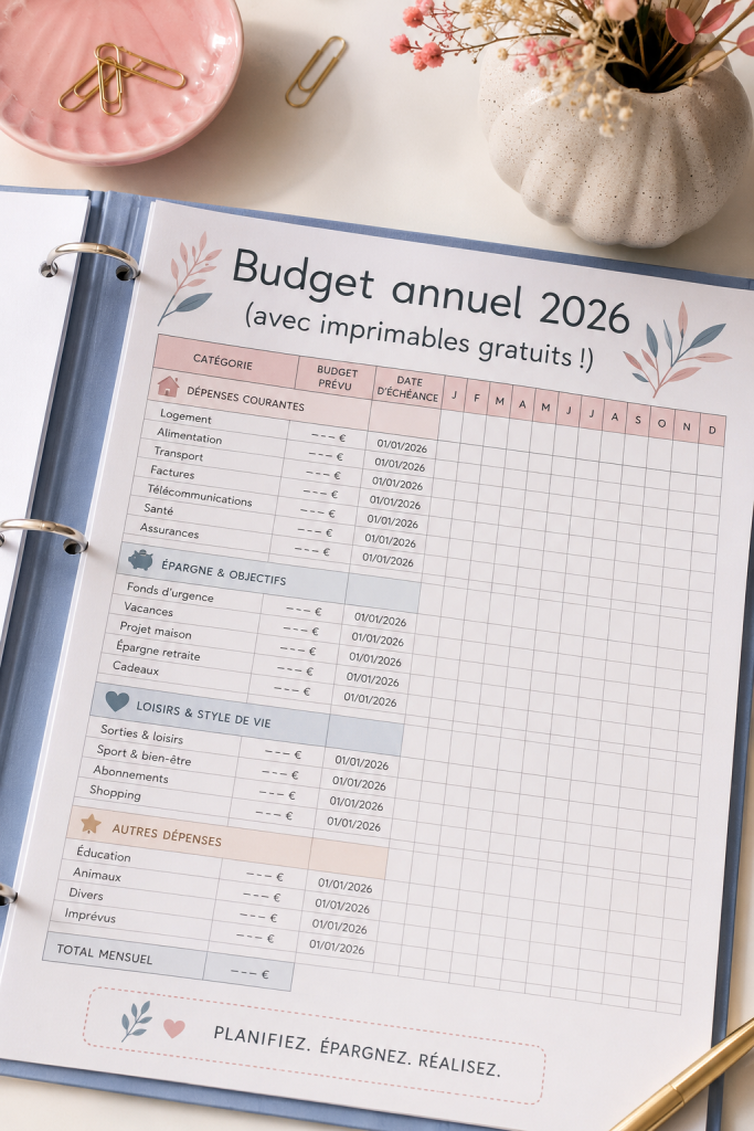 Un carnet de budget ouvert avec des notes et des outils de gestion financière pour 2026.