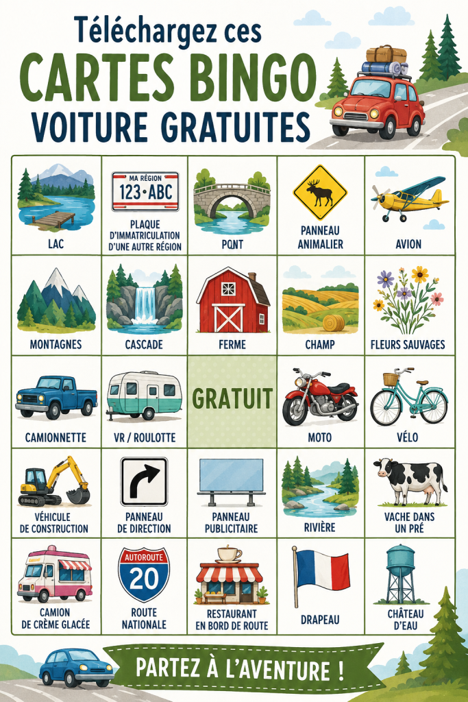 Cartes de Bingo voiture à imprimer pour le divertissement en voyage