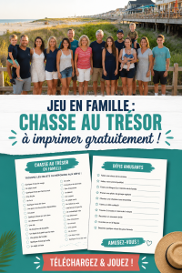 Illustration d'une chasse au trésor familiale avec des enfants et des parents.