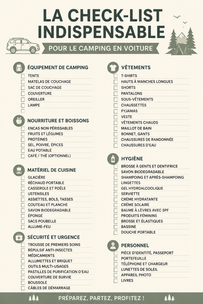 Liste d'essentiels pour le camping en voiture avec une vue de nature
