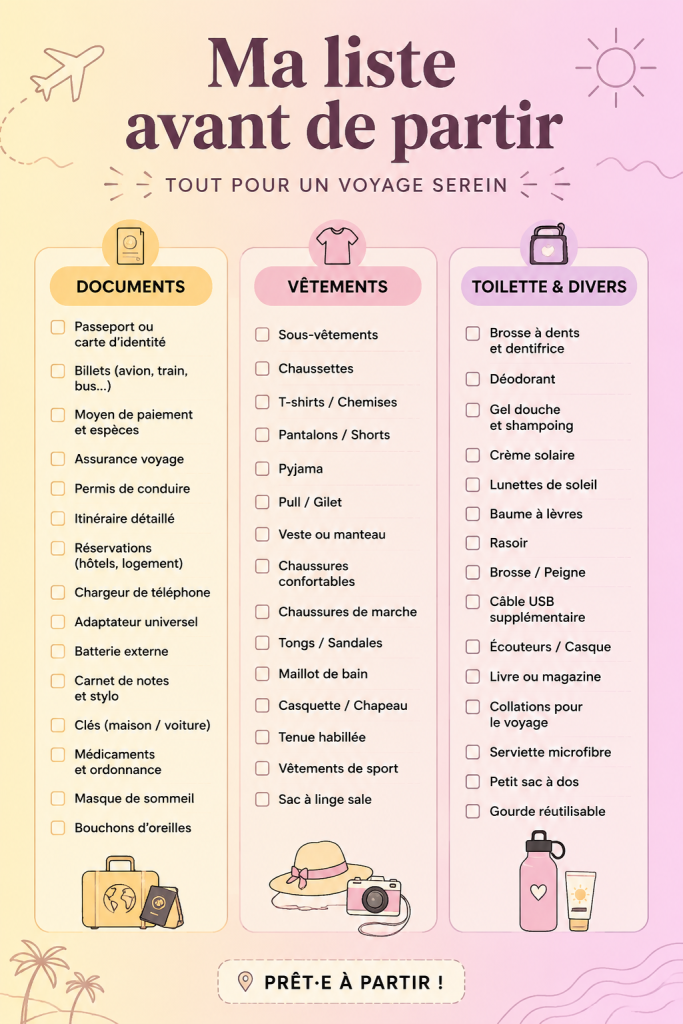 Checklist de voyage sur une table avec des bagages et des accessoires