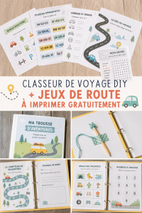 Classeur de voyage DIY pour enfants avec jeux imprimables et décorations colorées.