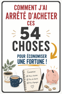 Femme souriante réfléchissant à ses économies budgétaires, entourée de produits inutiles qu'elle a décidé de ne plus acheter.