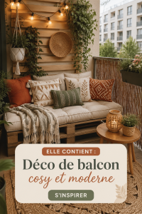 Balcon moderne et cosy avec mobilier en bois et plantes vertes