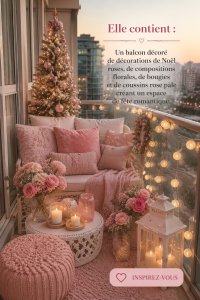 Un balcon décoré pour Noël avec des ornements roses et des arrangements floraux romantiques.