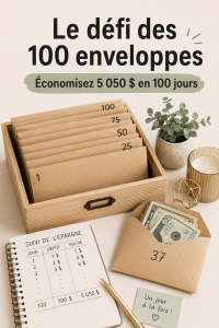 Un tableau de visualisation du défi des 100 enveloppes avec des enveloppes numérotées.