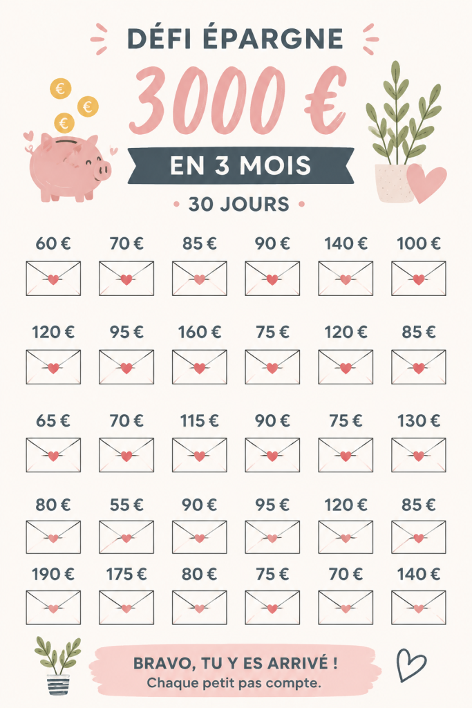 Femme souriante planifiant son défi d'épargne de 3000 € sur un tableau