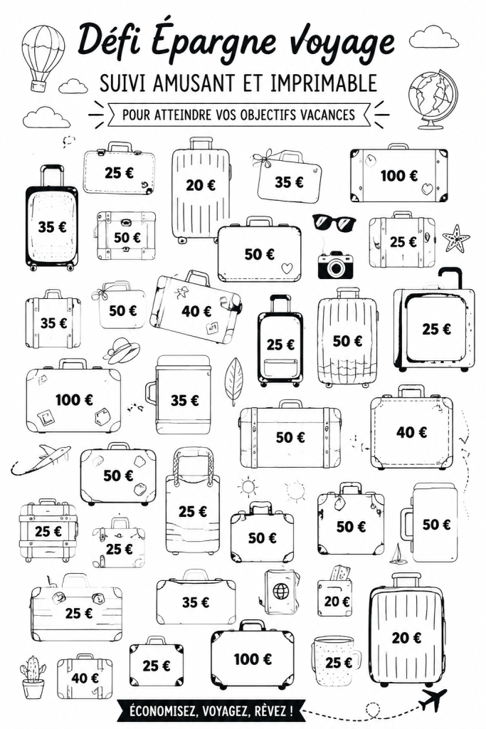Affiche d'un défi d'épargne pour des vacances rêveuses, avec un tracker coloré