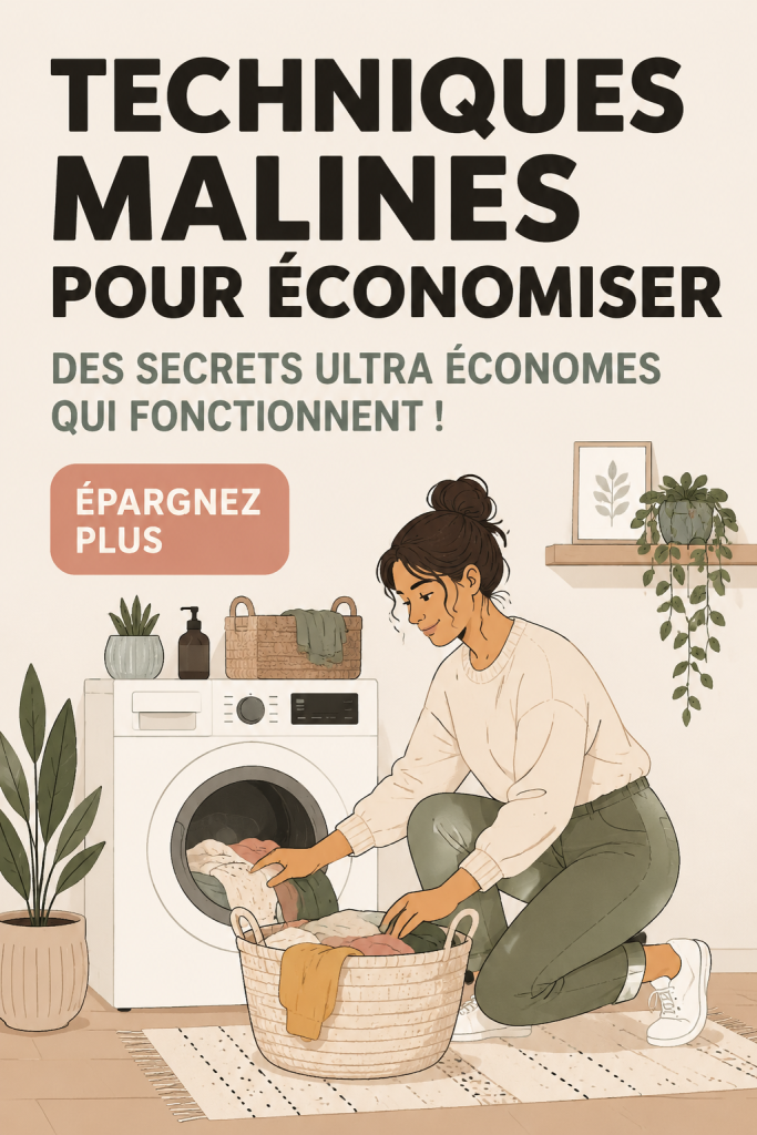 Femme souriante préparant un budget sur son ordinateur avec des astuces d'économie en arrière-plan.