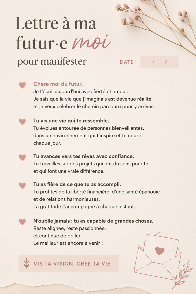 Une femme écrivant une lettre inspirante à son futur soi dans un cadre tranquille.