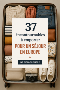 Femme préparant sa valise pour un voyage en Europe avec une liste de vérification