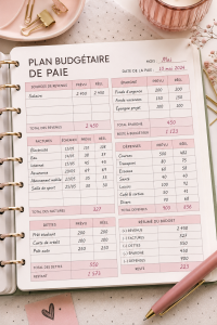 Femme souriante utilisant un planner de budget pour organiser ses finances personnelles