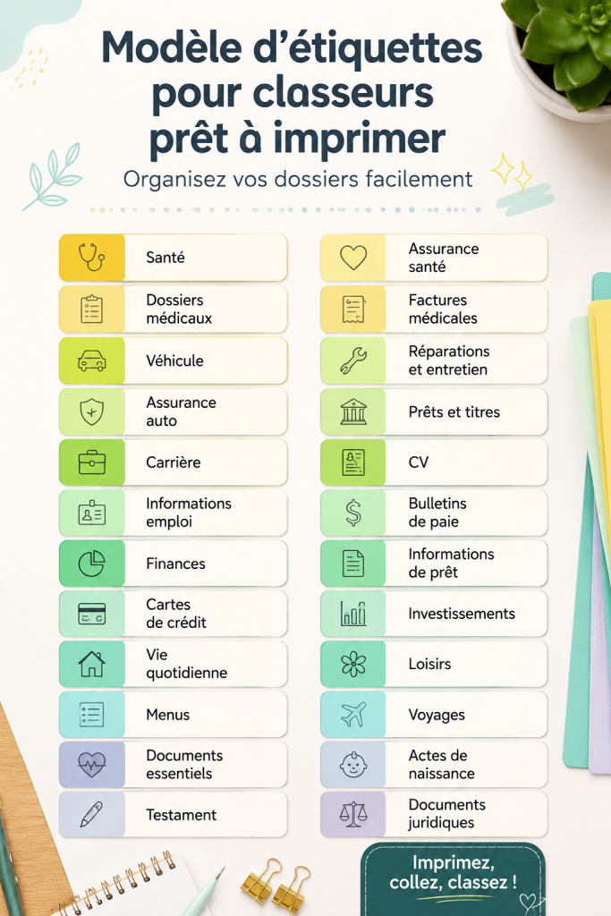 Étiquettes imprimables organisées sur un bureau avec des dossiers bien étiquetés.