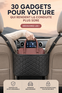 Personne utilisant un gadget de sécurité en conduisant une voiture, montrant l'importance de la sécurité routière.