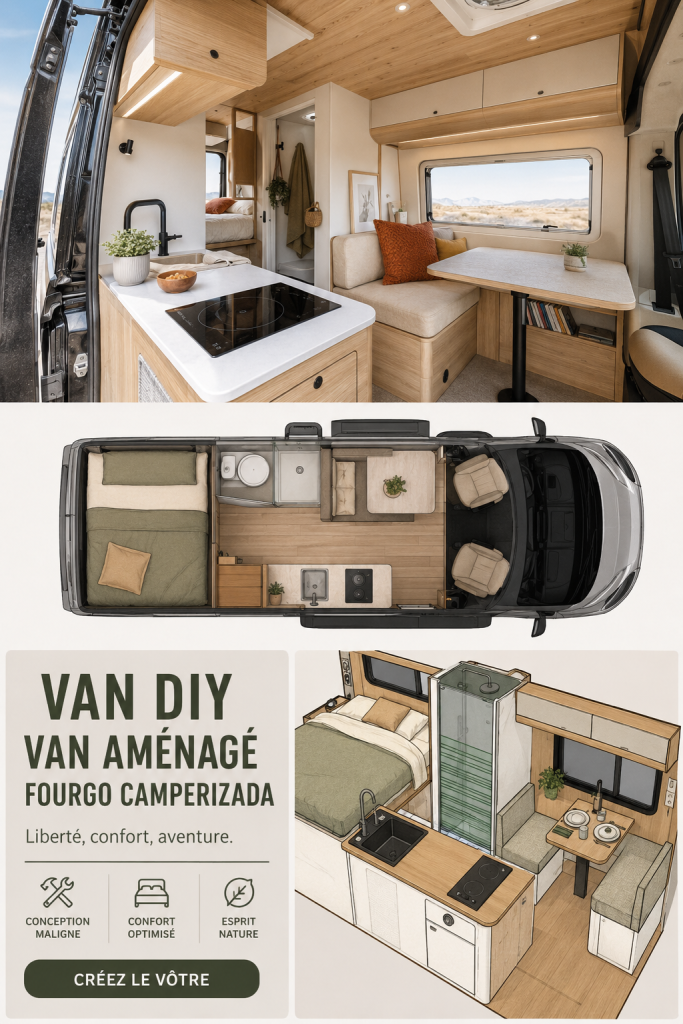 Un van aménagé prêt pour l'aventure sur une route pittoresque.