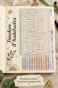 Un habit tracker coloré dans un Bullet Journal avec des dessins et des notes.