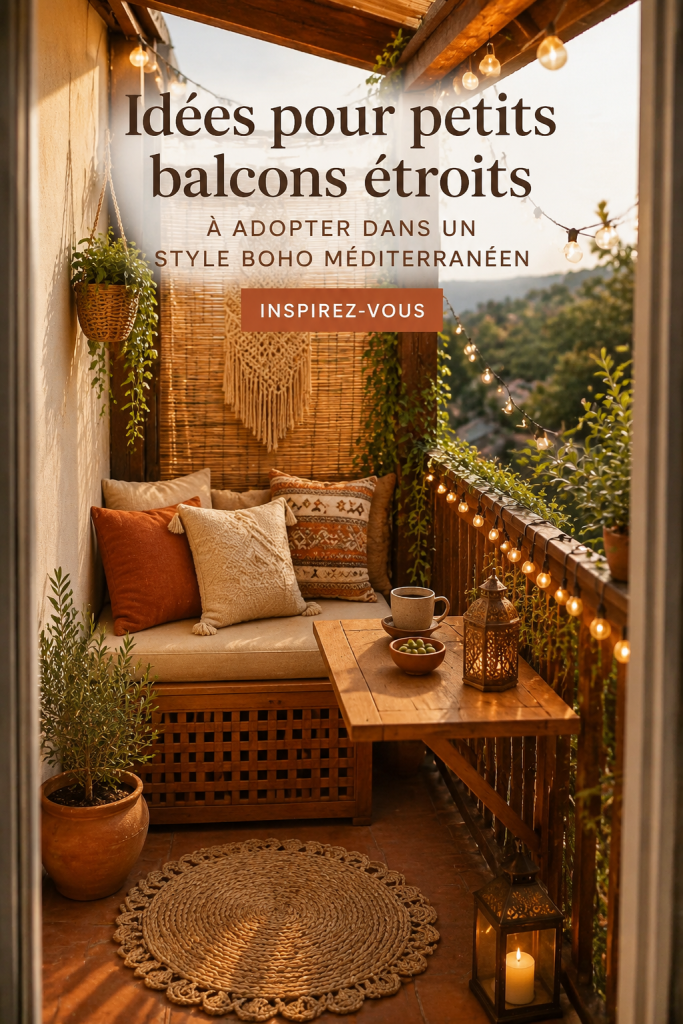 Un petit balcon aménagé dans un style méditerranéen avec des plantes et des meubles confortables