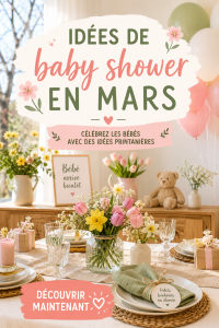 Visuel d'une baby shower décorée avec des fleurs de printemps et des éléments festifs.