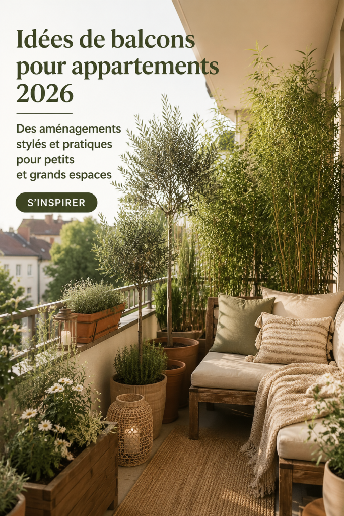 Un balcon moderne avec des plantes et un mobilier confortable, parfait pour se détendre.