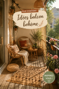 Balcon boho aménagé avec des coussins colorés et des plantes vertes.