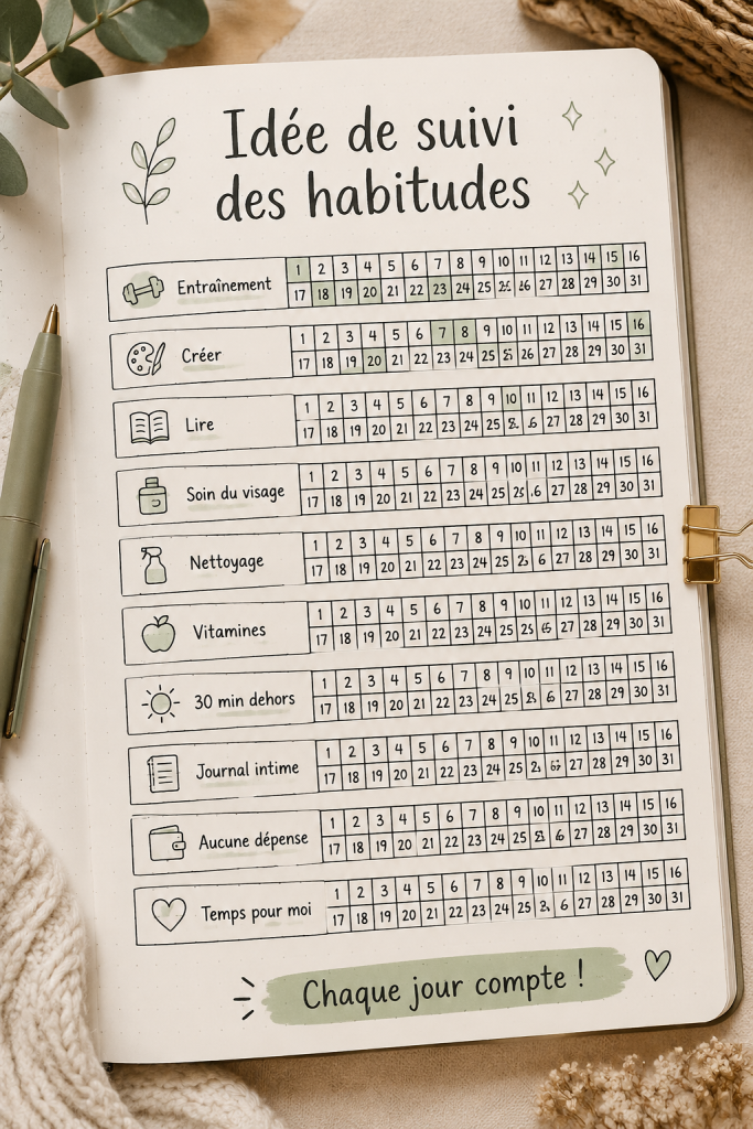 Un Bullet Journal ouvert avec un habit tracker coloré utilisé pour suivre les habitudes quotidiennes.