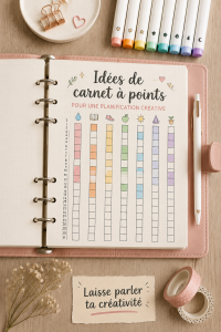 Un carnet à points ouvert avec des illustrations colorées et des notes organisées.