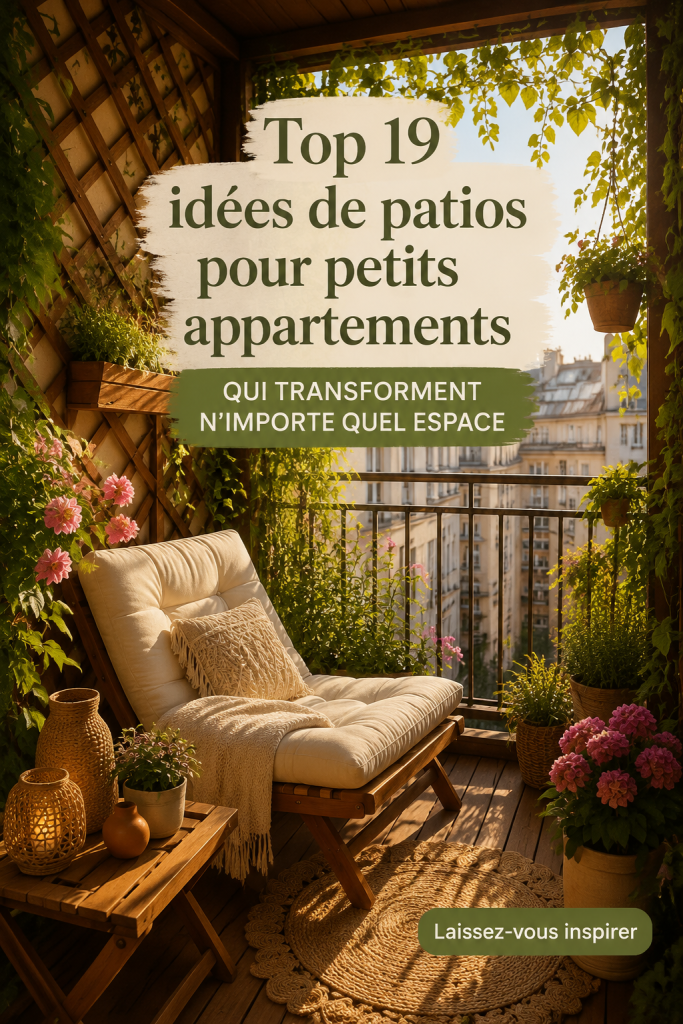 Un patio d'appartement joliment aménagé avec des plantes et des meubles confortables.