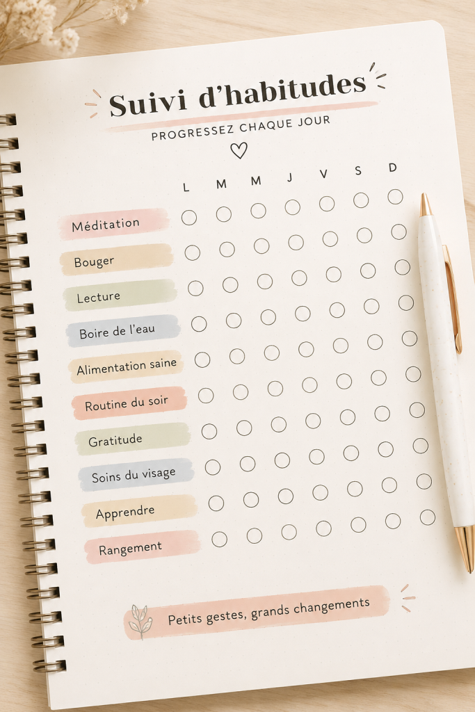 Un élégant tracker d'habitudes sur un bureau en bois avec des couleurs pastel