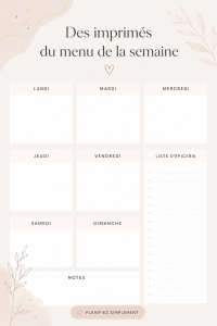 Imprimé coloré avec un menu de la semaine pour une cuisine organisée.