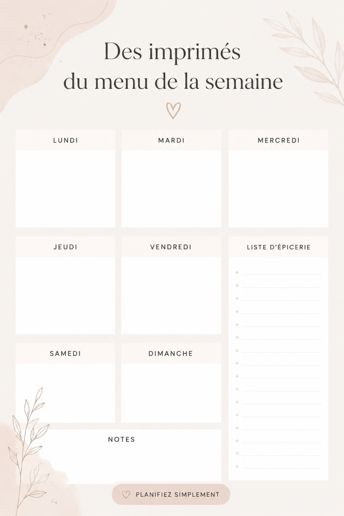 Imprimé coloré avec un menu de la semaine pour une cuisine organisée.