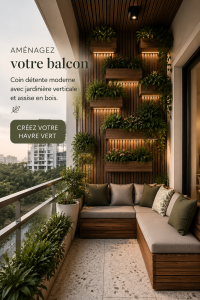 Jardin moderne sur un balcon avec des bancs en bois et des plantes vertes