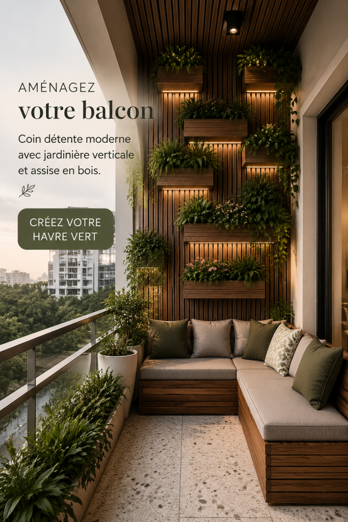 Jardin moderne sur un balcon avec des bancs en bois et des plantes vertes