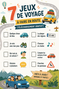 Une famille joue à des jeux de route pendant un trajet en voiture, sourires aux lèvres.