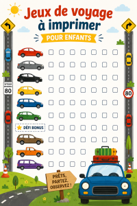 Des jeux de route imprimés pour divertir les enfants pendant un voyage en voiture.