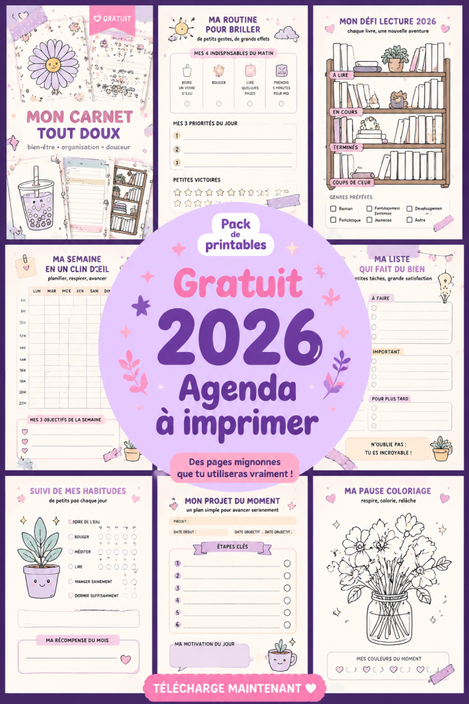 Kit de planification 2026 à imprimer, avec des pages colorées et pratiques.
