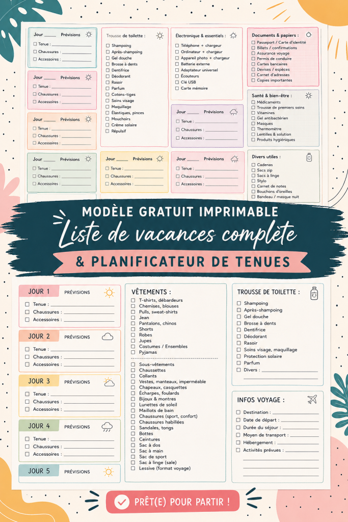 Modèle de liste de bagages imprimable pour des vacances relaxantes.