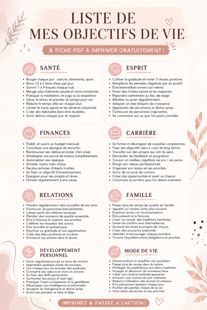 Modèle simple et clair pour une liste d'objectifs de vie